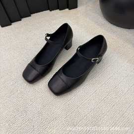 2025新款法式小香风方头粗跟高跟真皮一字扣浅口水钻玛丽珍单鞋女