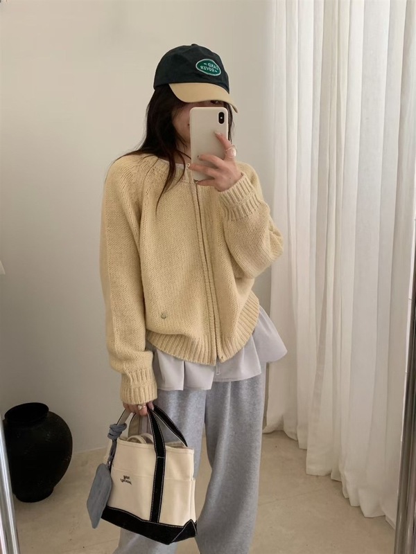 慵懒风双拉链毛衣外套女2025秋冬马海毛贝壳标简约韩系针织开衫潮|undefined