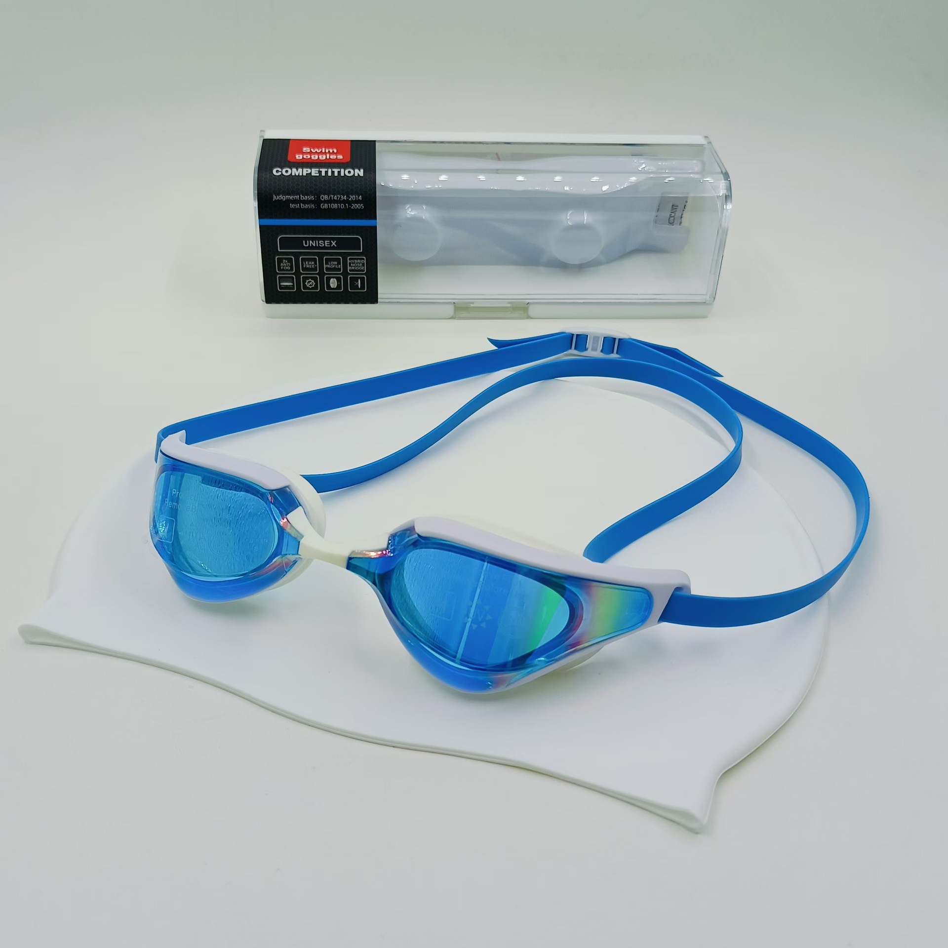 레이크 블루 수영 고글 + 흰색 수영 모자