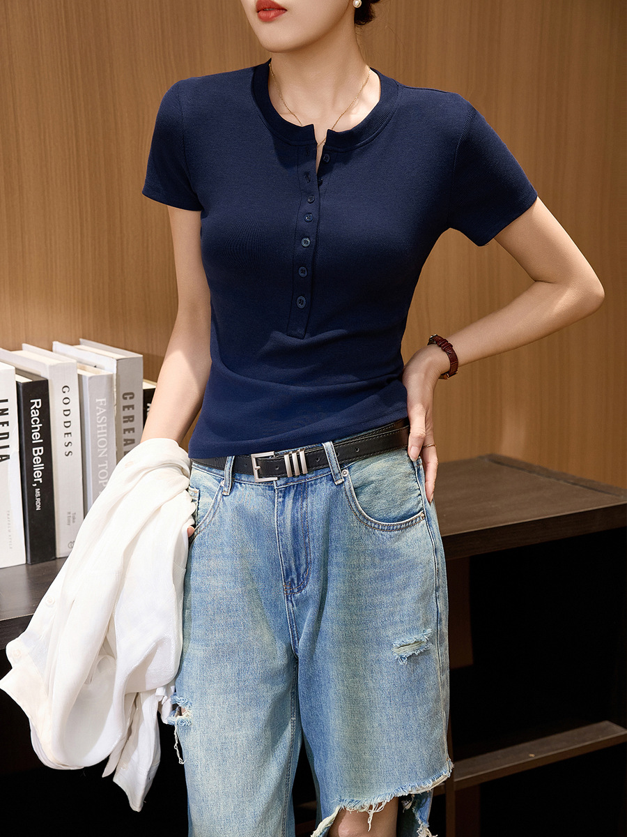 #天丝优可 用好料 甄品质# 半开领纽扣T恤女短袖气质百搭正肩上衣