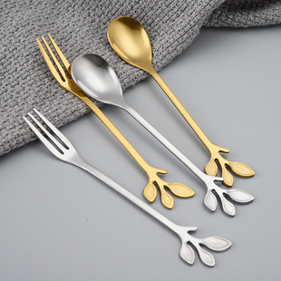Stainless steel leaves Golden coffee spoon mixing spoon Titanium ice cream dessert spoon honey bird's nest mug spoon