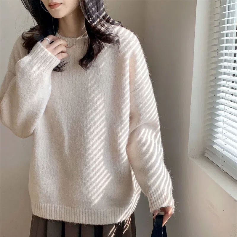 克莱因蓝色毛衣女秋冬加厚宽松外穿上衣圆领百搭长袖慵懒风针织衫|undefined
