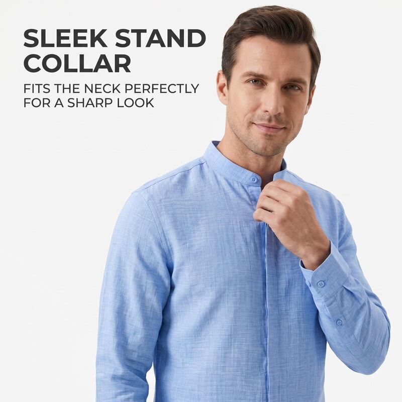 Jiachuan Cross-Border Popular Imitation Linen Men's Shirt with Stand Collar, Long Sleeves, Casual Fashion Business Commuter Shirt for Men Jiachuan Cross-Border Popular Imitation Linen Men's Shirt with Stand Collar, Long Sleeves, Casual Fashion Business Commuter Shirt for Men