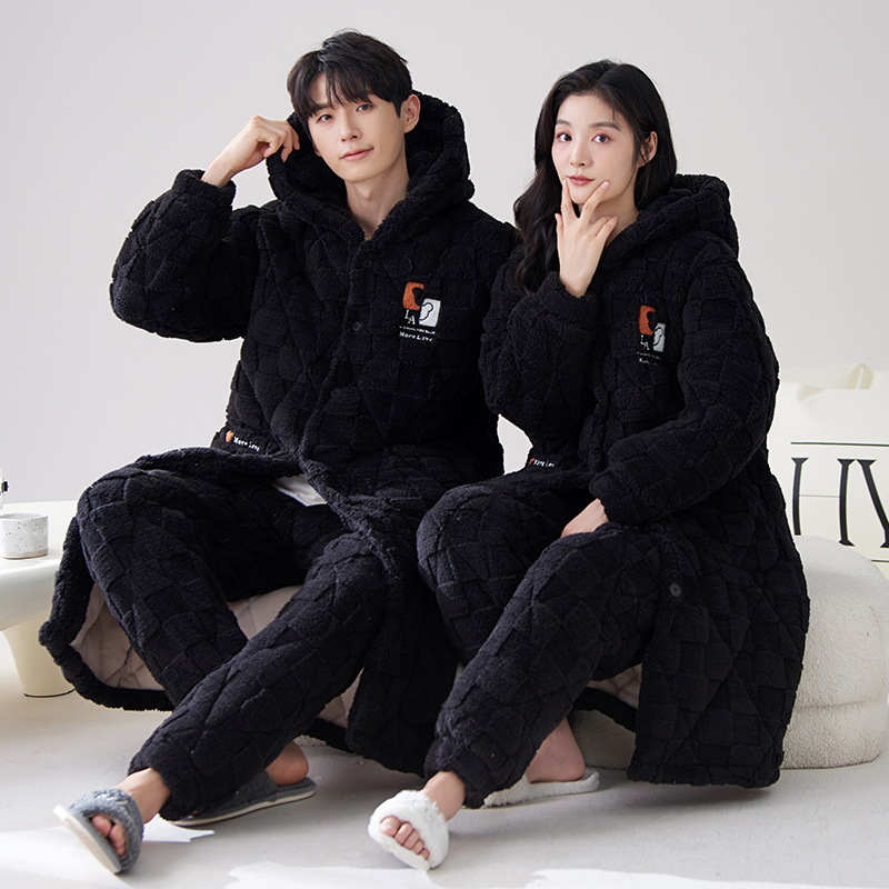 Tres capas de algodón coral terciopelo pareja Pijamas Mujer invierno Mediados de largo hogar ropa camisón hombres espesado chaqueta caliente