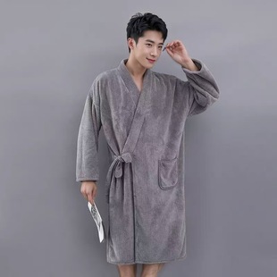 New Style Belt Bath Dress Men's Long-sleeved Autumn and Winter Warm Bathrobe Coral Fleece Absorbent Quick-drying Casual Bathrobe with Pocket