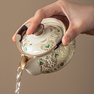 Ru Kiln High-End Handheld Teapot Lid Bowl Anti-Scalding Tea Pot Bowl Tea Cup Outdoor Portable Travel Tea Set One Pot Three Cups