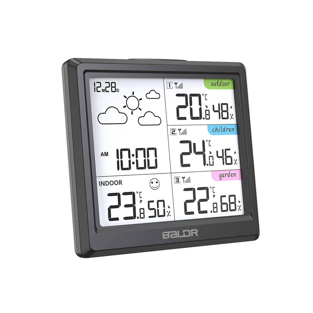 跨境新款2022彩屏一拖三气象站无线室内外温湿度计天气预报舒适度