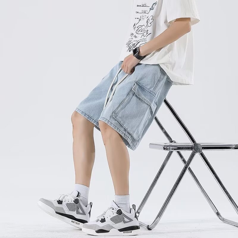 Men's Summer New Cargo Denim Shorts American Style Five-Point Thin Casual Loose Straight Pants