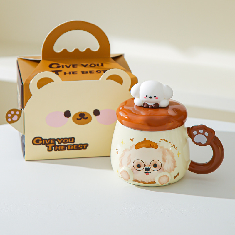 Taza de cerámica de alto valor nominal ins para cachorros con tapa para casa encantadora pareja taza de café para desayuno para acompañantes taza de regalo
