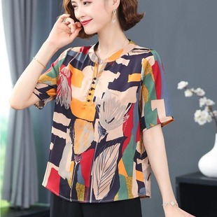 Summer 2022 New T-shirt Short-sleeved Mother's Retro Printed Shirt for Middle-aged and Elderly Western Style Large Size Women's Clothing