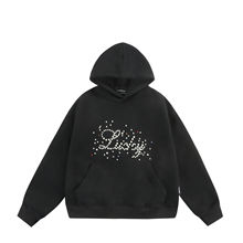 2025春季新款美式潮牌珍珠设计连帽卫衣宽松休闲上衣黑色礼物男