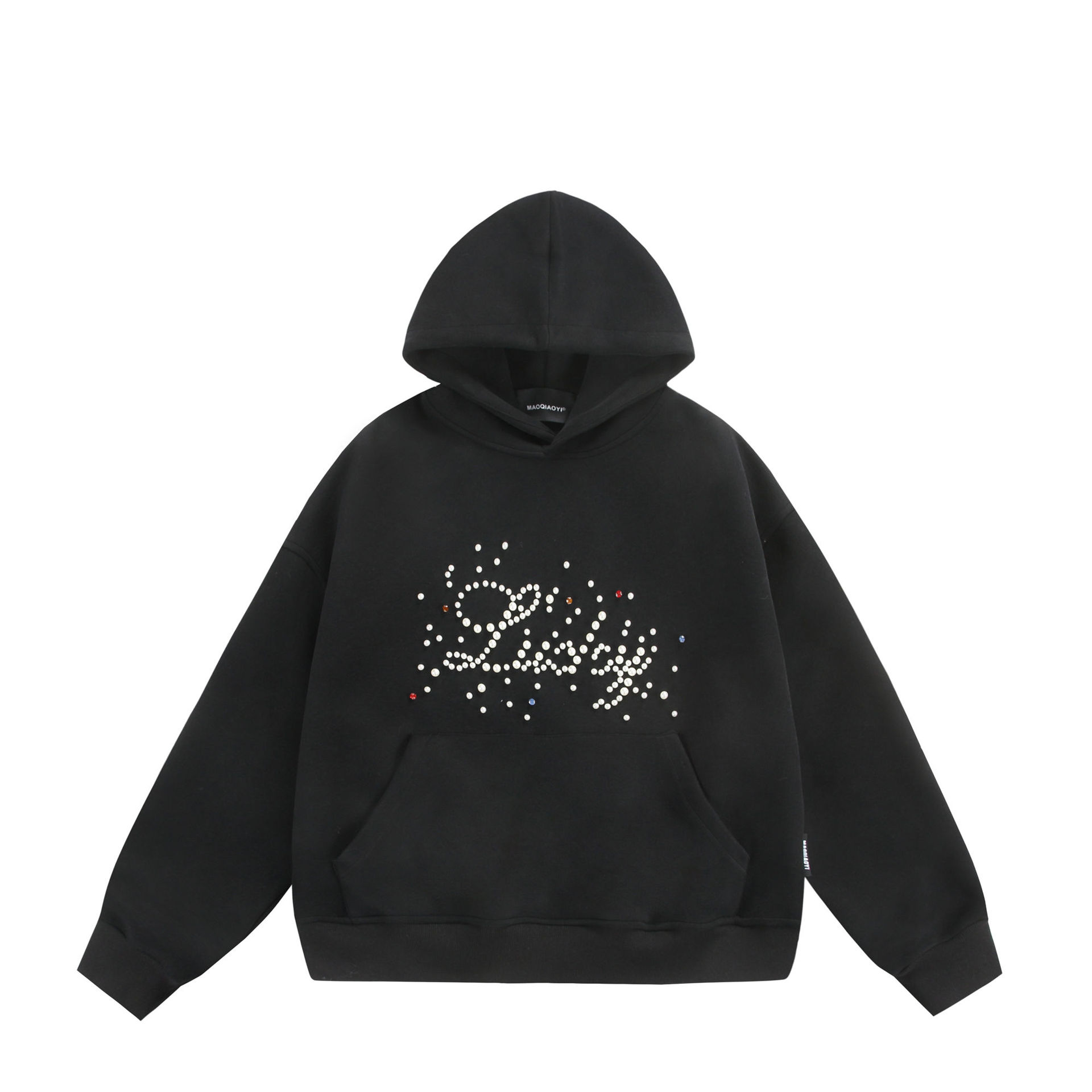 2025春季新款美式潮牌珍珠设计连帽卫衣宽松休闲上衣黑色礼物男