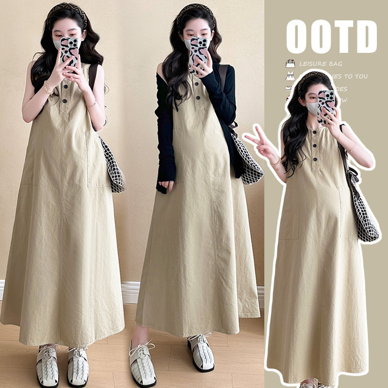Real Shot of 2026 Spring New Casual Versatile Cardigan + Tank Dress Two-Piece Set Maternity Wear