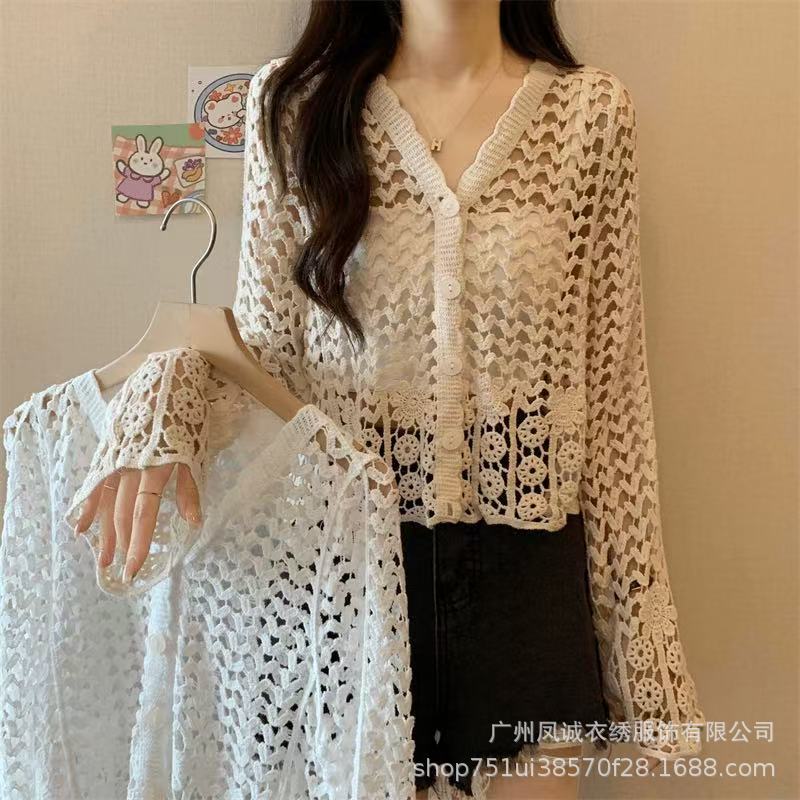 Bohemian Knitted Cardigan Women's Summer Gauze Blouse with Crochet Cut Out Short Early Autumn Top for Sun Protection