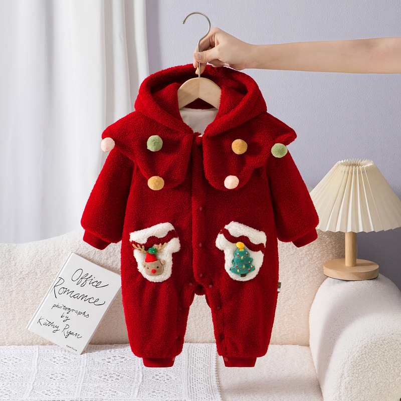 Winter Infant Polar Fleece Jumpsuit, Cute Christmas Baby Clothes, Fleece-Lined and Thickeneded, Outdoor Baby Crawling Clothes