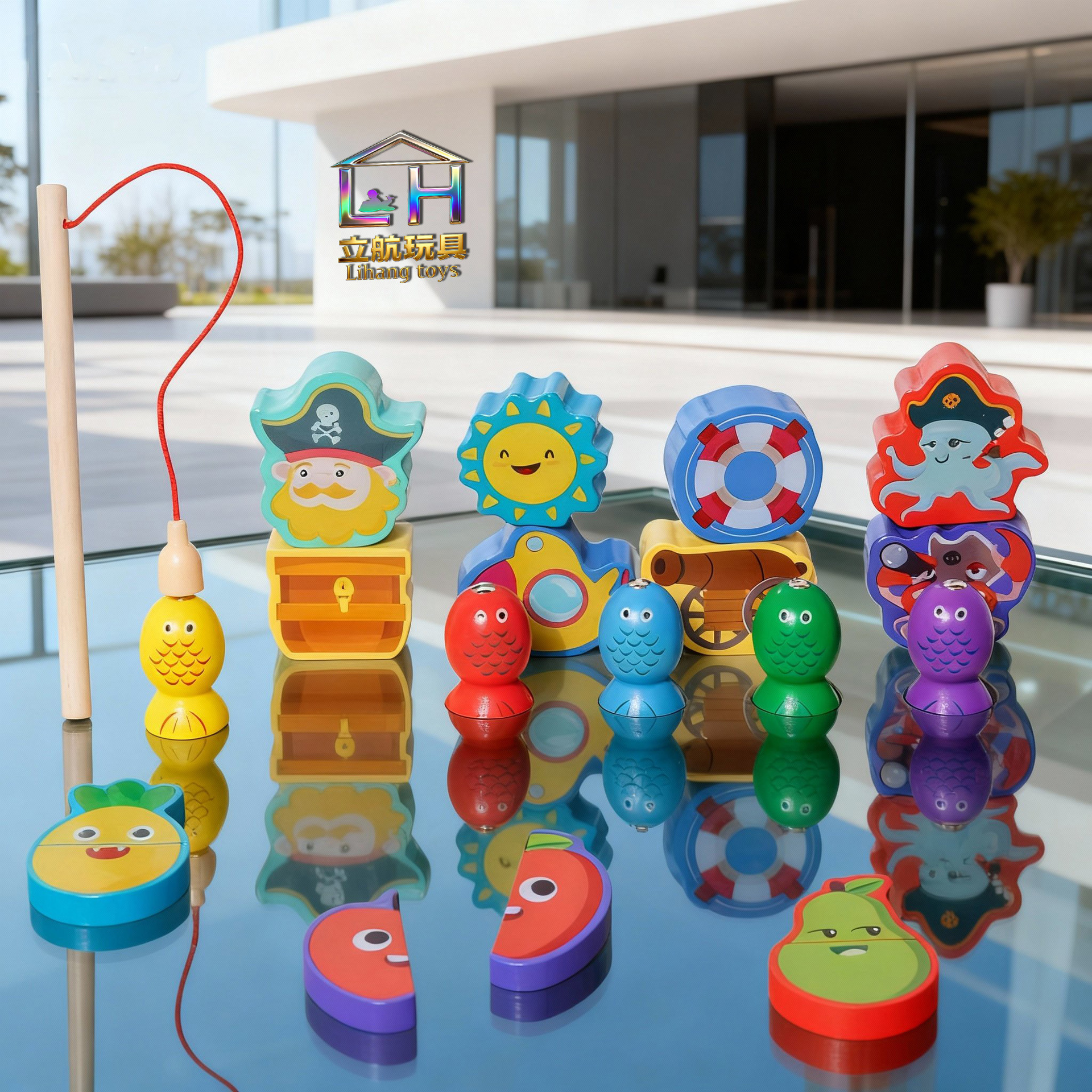 Children's Multifunctional Three-In-One Fruit Animal Character Building Blocks Children's Early Education Puzzle Shape Cognitive Matching Fishing