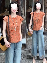 新しい中国風のファッションスーツ女性のための夏の新しいスタイルのスリムボタンシャツジーンズワイドレッグパンツツーピーストレンディセット