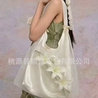 【可定制】新款韩系小众仿真丝欧根纱花朵优雅知性百搭单肩斜挎包