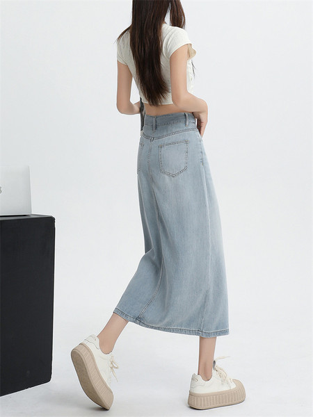 Blue summer thin long denim skirt