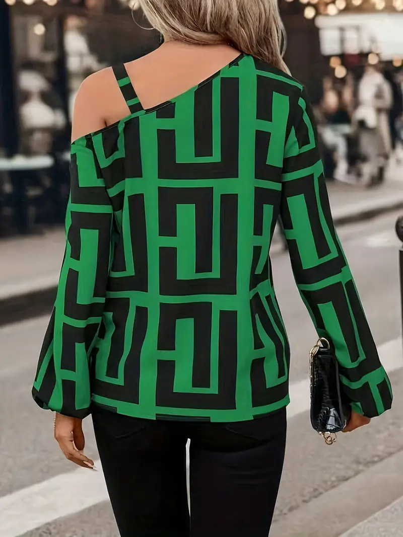 273g Weight Long Sleeve Sleeve Length Polyester Fabric Type Regular Top Length Blouse Tops Type Casual, Daily Occasion Oblique collar Neckline Regular Fit Fit Type Geometric Pattern Spring, Autumn Season Women's Gender Printing Design Elegant, Streetwear Style Wholesale Women's Elegant Streetwear Geometric Long Sleeve Printing Blouses 12