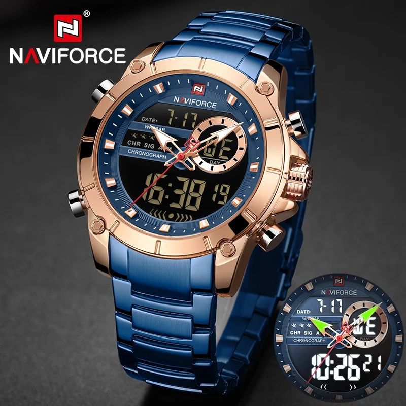 Naviforce Watch Men's Dual Movement Steel Belt Multi-Function Luminous Waterproof Digital Pointer Sports Watch for Men