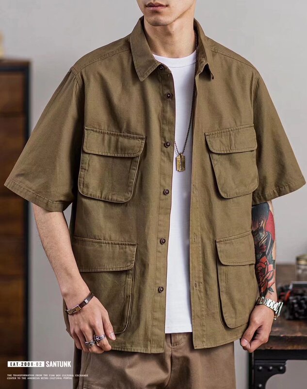 Tooling American Style Retro Short-sleeved Shirt Men's M42 Paratroopers Field Multi-pocket Four-bag Casual Outfit Shirt Trend