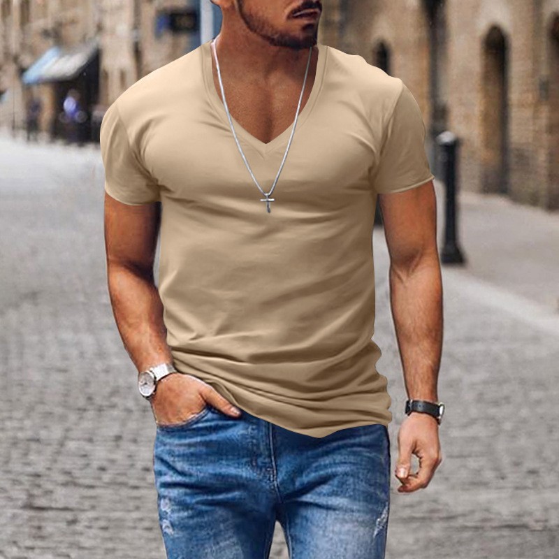 Men's Slim Fit V-neck T-shirt Solid Colour Casual Summer Style_voghion.com