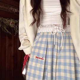 早春蓝格子直筒休闲裤女春季新款慵懒风松弛感蕾丝高腰垂感阔腿裤