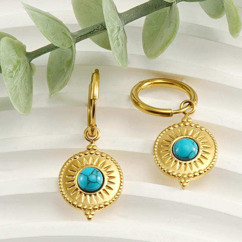 1 Pair Classic Style Flower Plating Inlay 304 Stainless Steel Turquoise 18K Gold Plated Drop Earrings display picture 2