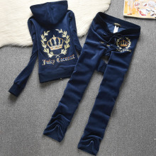 欧美外贸天鹅绒套装女装休闲运动修身瑜伽服JC刺绣烫钻字母两件套