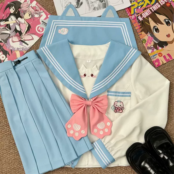 Sea salt, blue long-sleeve, mini-skirt, bow tie
