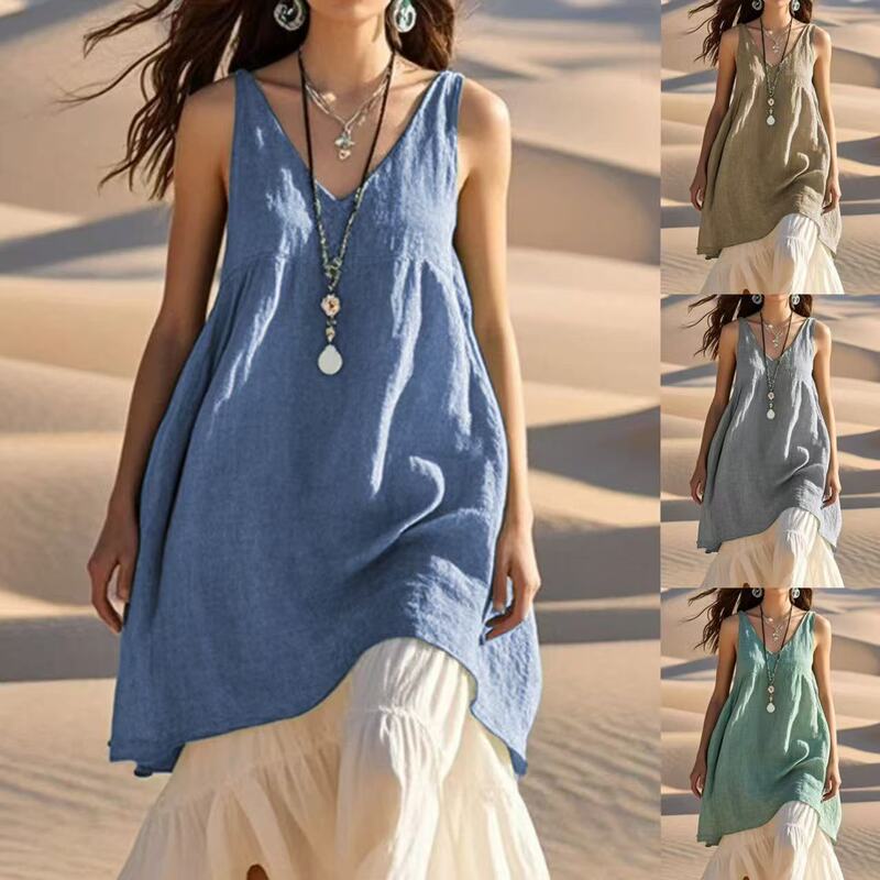 European and American Cross-border Summer New Women's Casual Loose Fashion Sleeveless Cotton and Linen Solid Color V-neck Beach dress