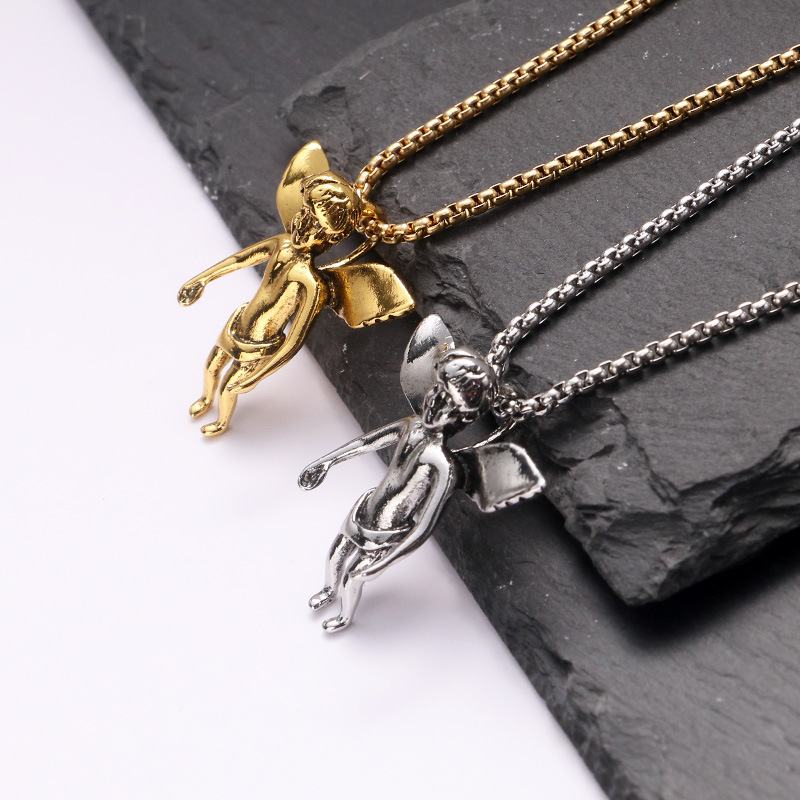 Vintage roestvrijstalen ketting groothandel hiphop engelenvleugels legering hanger trui ketting_voghion.com