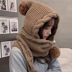 韩版毛线帽子女秋冬外贸连围巾一体帽可爱毛球护耳加厚保暖针织帽