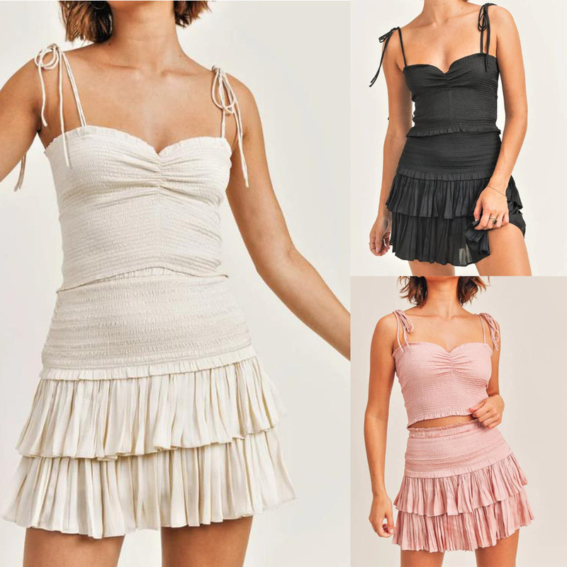 European and American sweet suit new lace bow small vest top skirt sexy hot girl skirt set SU3829