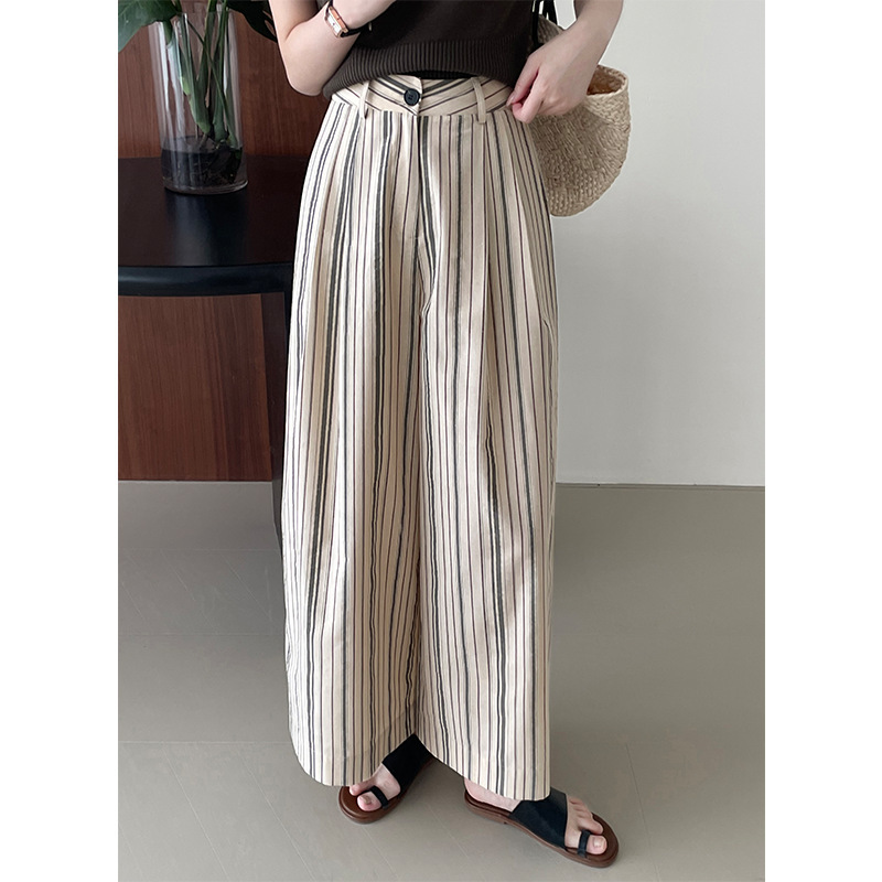 Taochuan Niche Old Qian Style Wide-leg Striped Casual Pants Women's Lazy Style High Waist All-match Slimming Straight Pants 2580