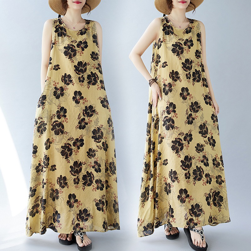 Real Shot Of The 2024 Summer New Bohemian Plus-size Sleeveless Round-neck Printed Mid-length Dress For Women_ecoleips.com