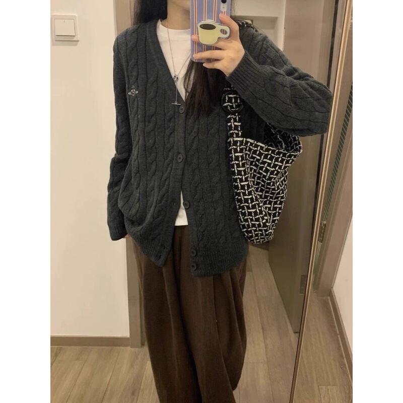 New Spring Outwear for Women, Lazy Style, Loose Retro Saturn Embroidered Knitted Cardigan, Soft Waxy Twist V Neck Sweater