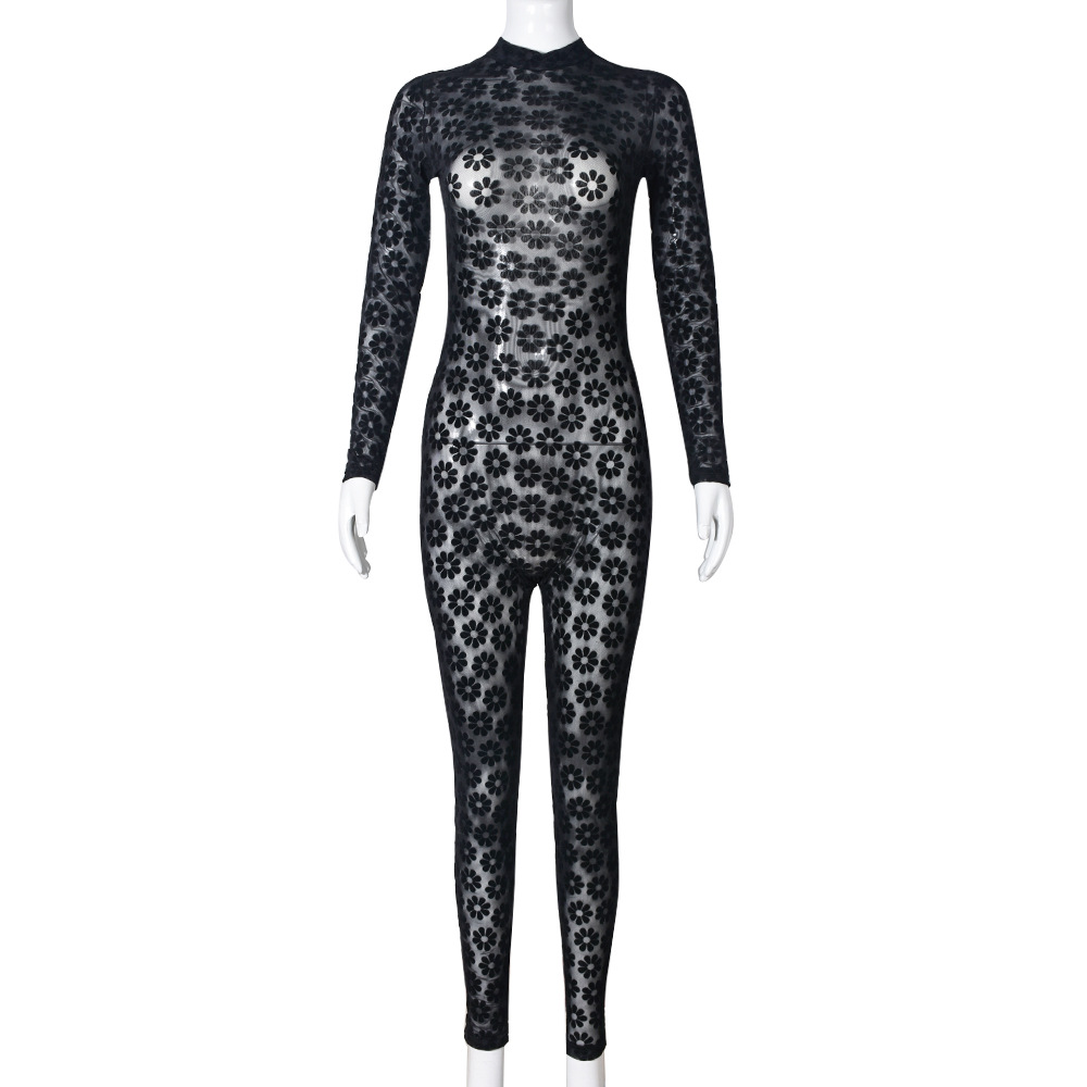 Ropa de las mujeres europeas y americanas 2023 primavera nuevo estilo ins sexy flocado adelgazamiento cremallera perspectiva mono femenino XF937