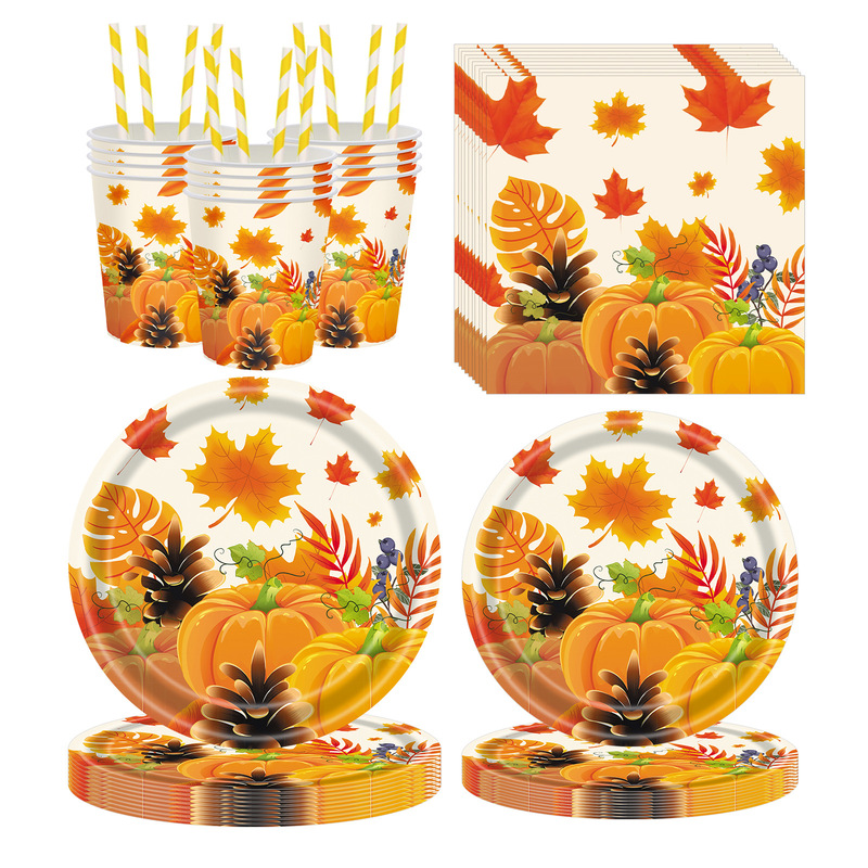 New Autumn Pumpkin Maple Leaf Theme Disposable Paper Plate Tissue Paper Cup Thanksgiving Party Decoration Supplies Set New Autumn Pumpkin Maple Leaf Theme Disposable Paper Plate Tissue Paper Cup Thanksgiving Party Decoration Supplies Set