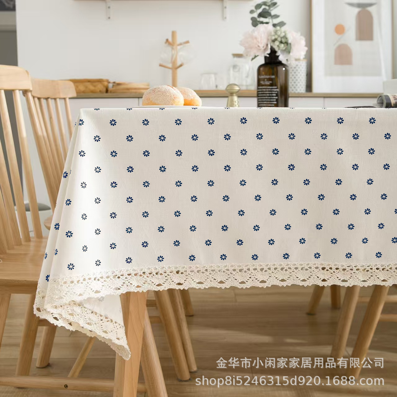 Cross-Border Blue Daisy Cotton and Linen Tablecloth Restaurant Tablecloth Daisy Tassel Tablecloth High-End Lace Edge Tablecloth