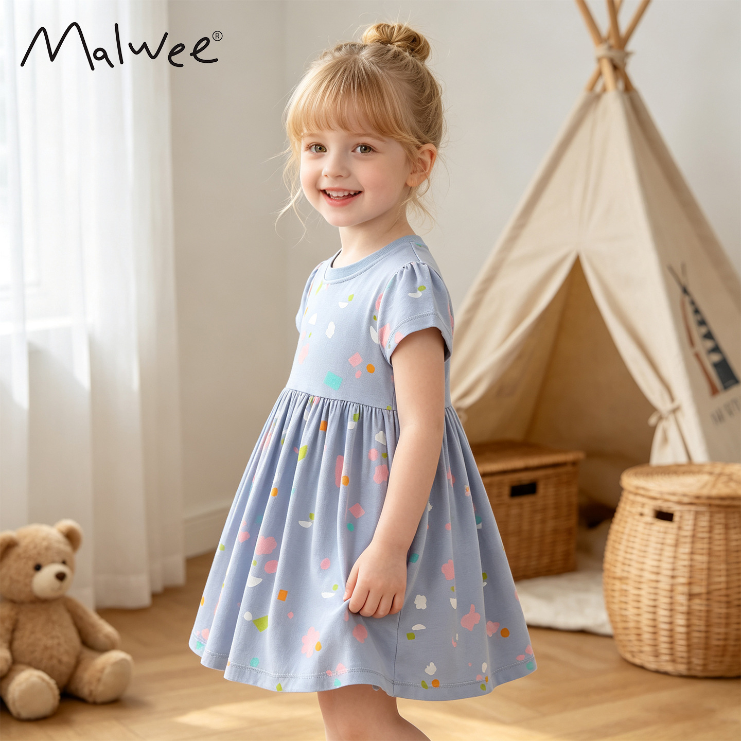 Malwee girls' summer dress, new European and American style, casual round neck short sleeve children's dress, princess dress