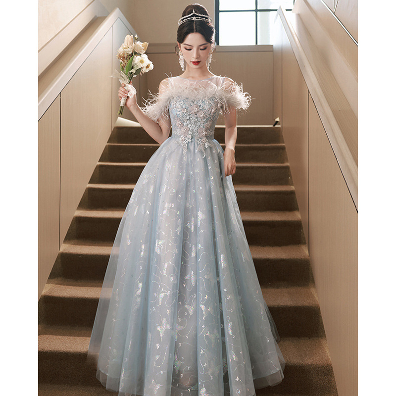 Blue Evening Dress 2026 New Model, Elegant and Luxurious for Banquets, Niche Fairy-Style, Suitable for Hosts, Artistic Exams, and Elegant Bridesmaid Attire