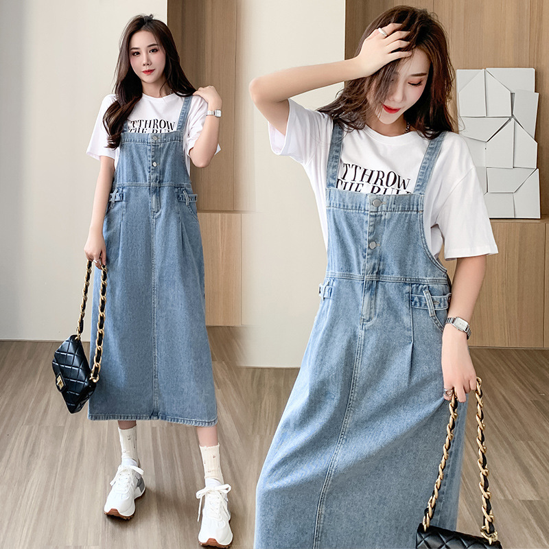 Real Shot Loose Casual All-match Denim Strap Dress Mid-length Slim Dress for Women