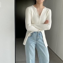 嘉织v领修身显瘦针织衫开叉加长拉链开衫长袖上衣女装B8315