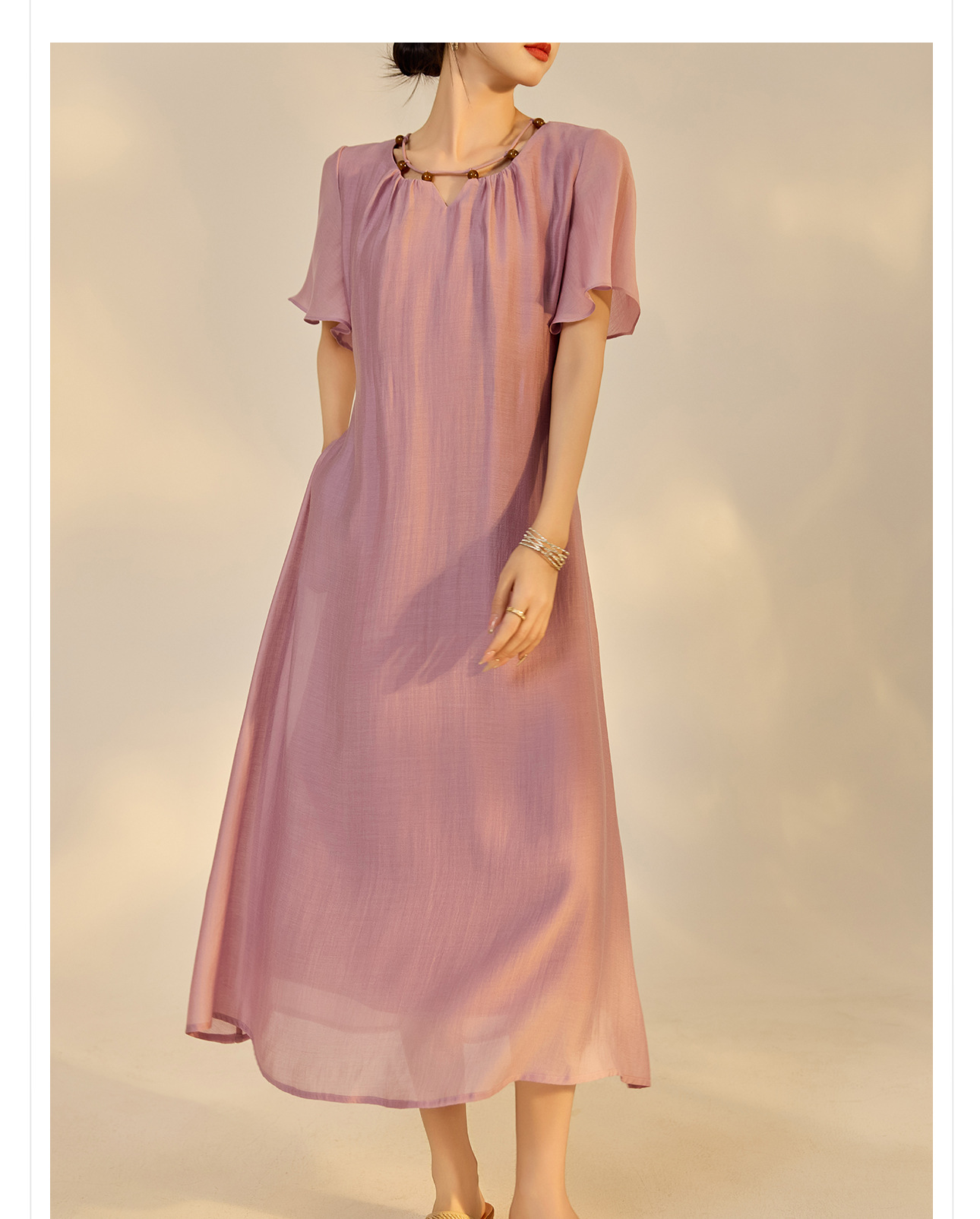 Đầm maxi nữ thắt eo tay lá sen chất Tencel phong cách dân tộc — Taro màu tím chi tiết 8