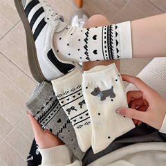 春夏新款波點小狗復古費爾島愛心韓系中筒薄棉女襪子ins巴洛克風