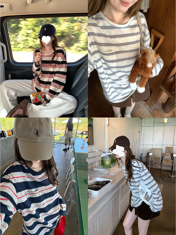 Original Color Striped Miu-Style Aesthetic Retro Lazy Striped Round-Neck Long-Sleeve T-Shirt for Women, Autumn Loose Top