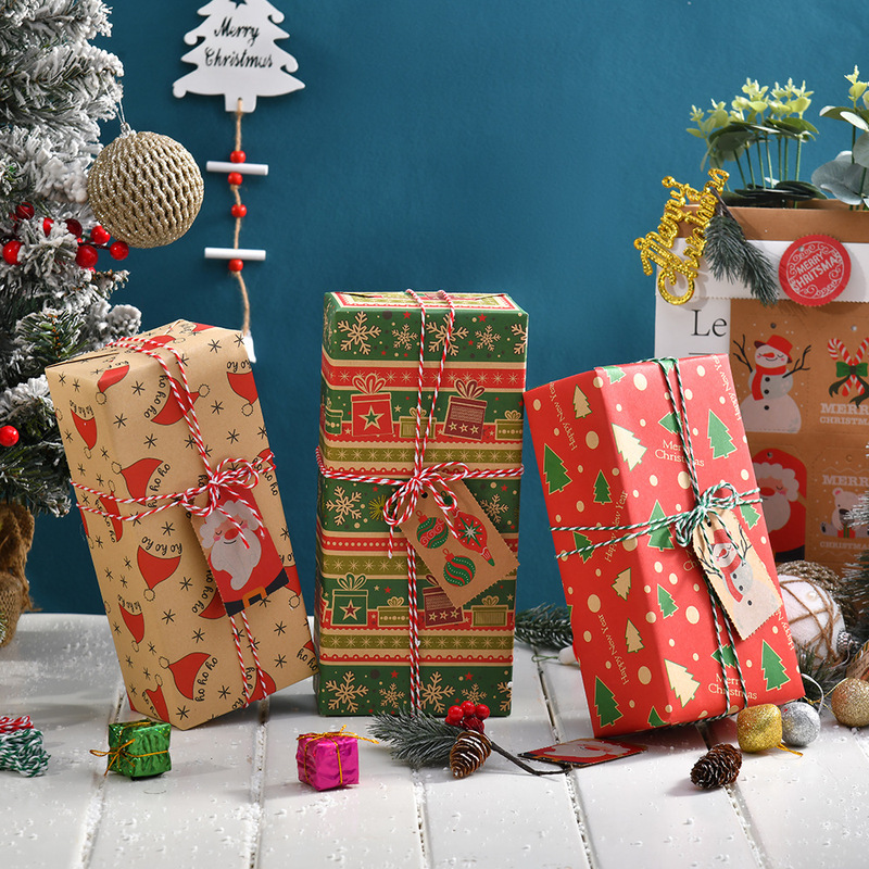 新しいレトロクラフト紙包装紙クリスマスプレゼント包装紙雪だるま鈴クリスマスツリーギフト紙|undefined