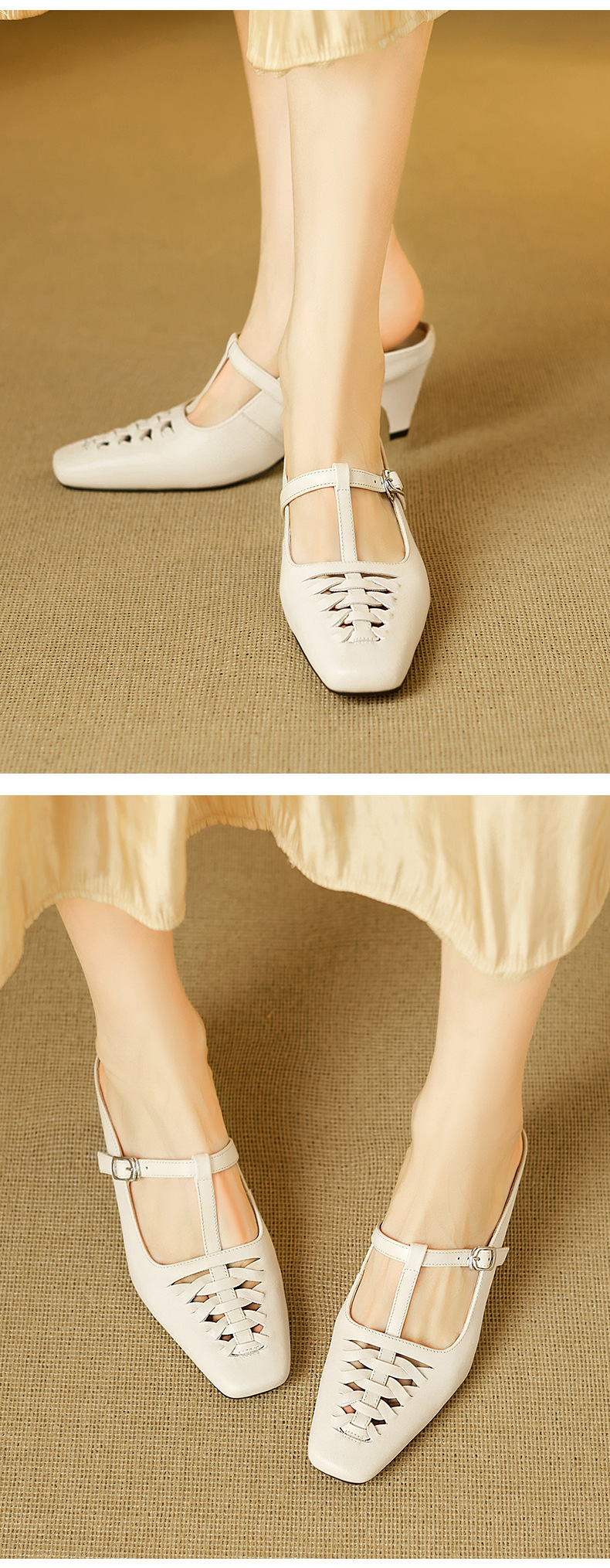 Sandal nữ gót thô 5 cm mũi vuông kiểu dệt vintage, quai chữ T bọc đầu — đen chi tiết 4